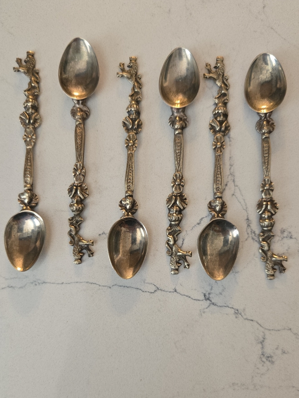 Antique Spoons Ornate Silver-Tone Decorative Dessert Spoons -Set of 6. 4in Italy